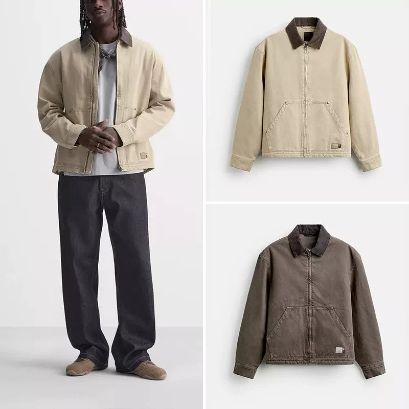 Contrast-Collar Cropped Zip Jacket