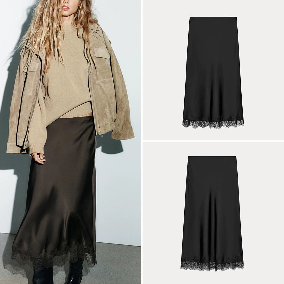 Lace-Trim Satin-Finish Midi Skirt