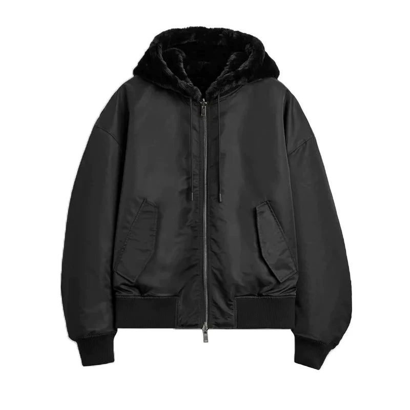Reversible Hooded Pilot Jacket in Black
