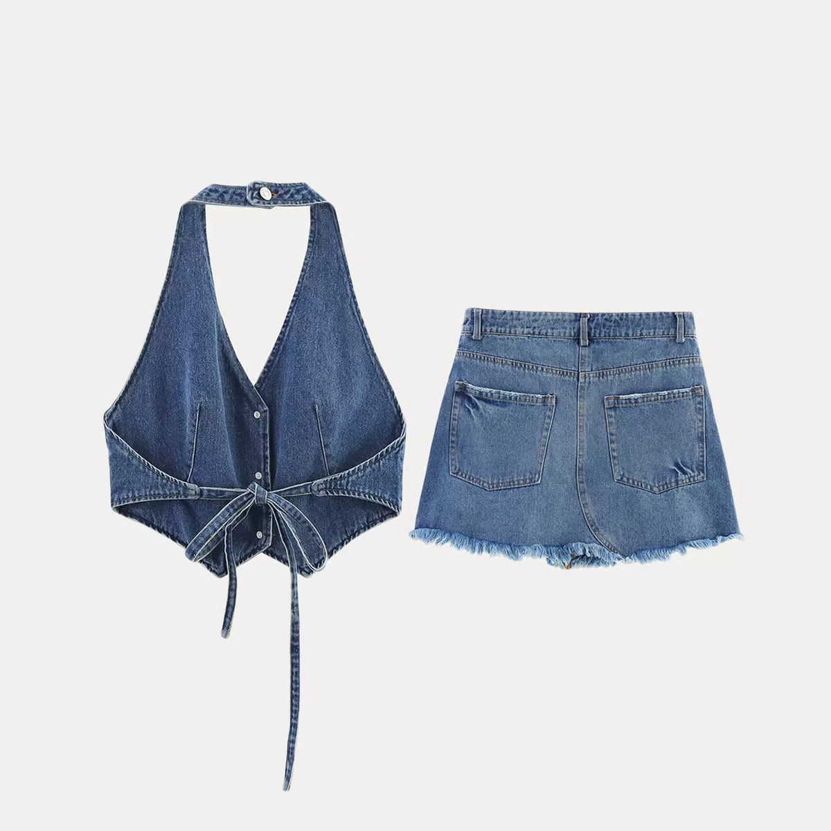 Denim Backless Top and Distressed Mini Skirt Set