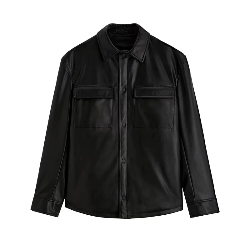 Faux Leather Shirt Jacket
