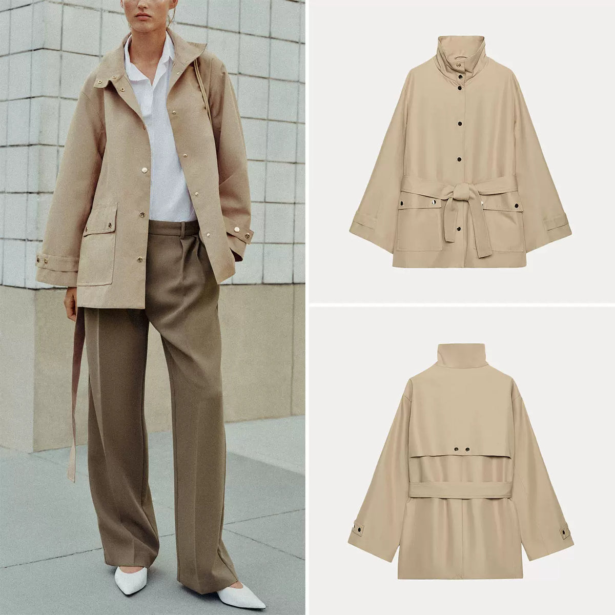 Belted Stand-Collar Trench Coat