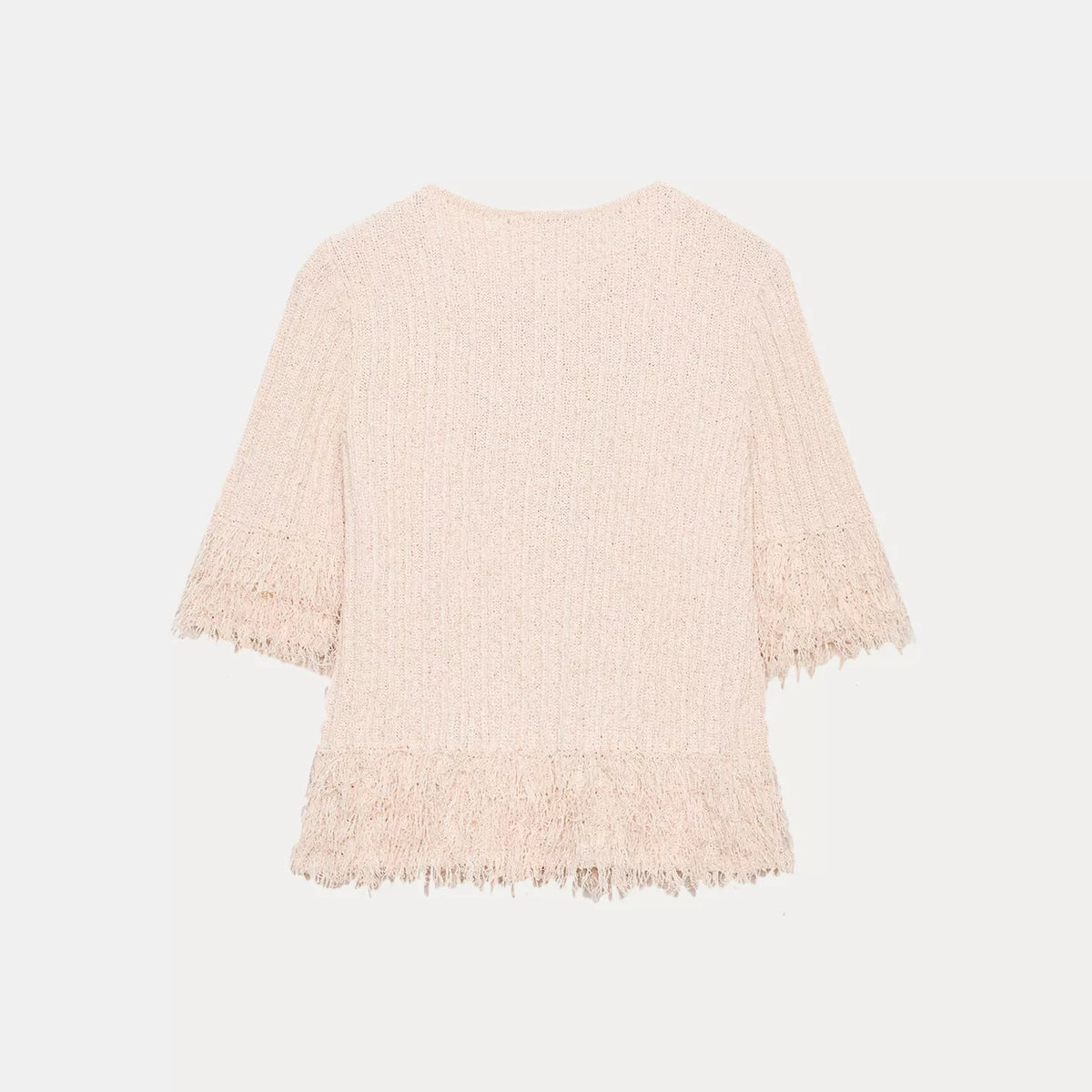 Fringed Short-Sleeve Knit Cardigan