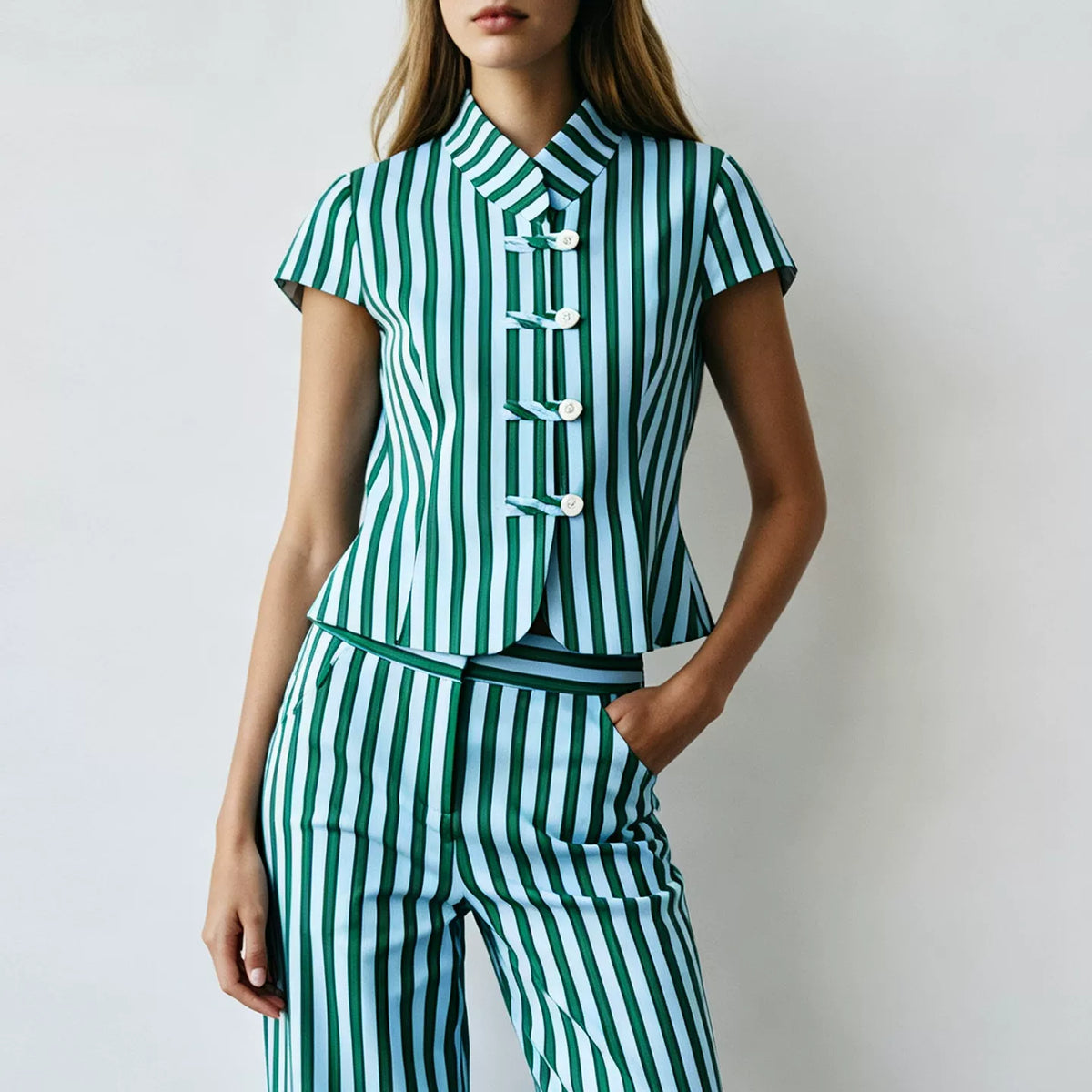 Contrast Stripe Knot-Button Top & Trousers Set