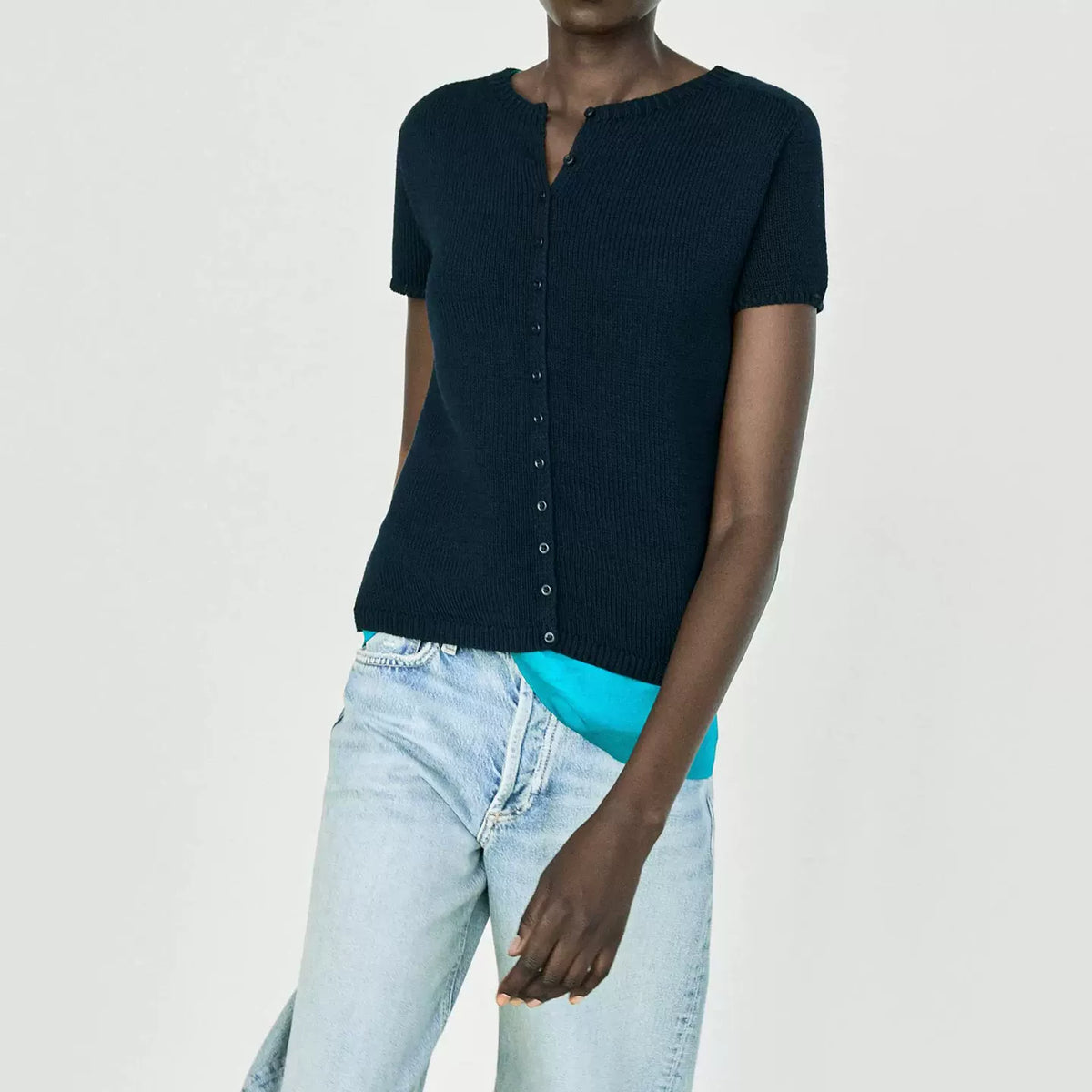 Button-Front Short-Sleeve Knit Top
