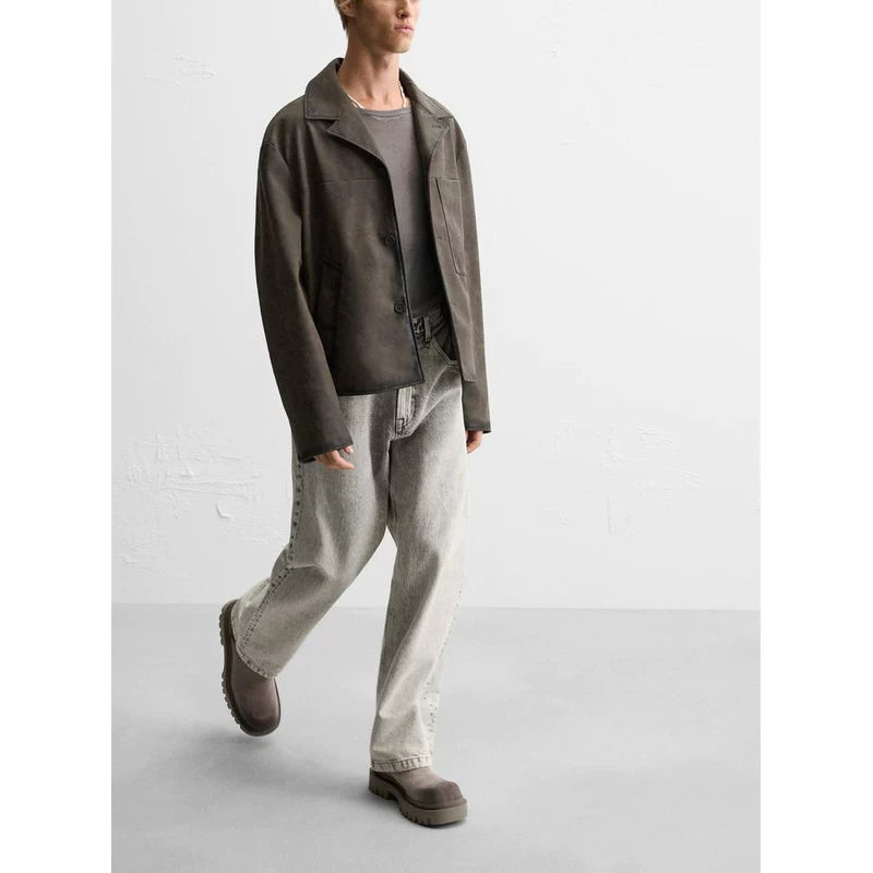 Washed Faux Leather Zip Jacket in Brown