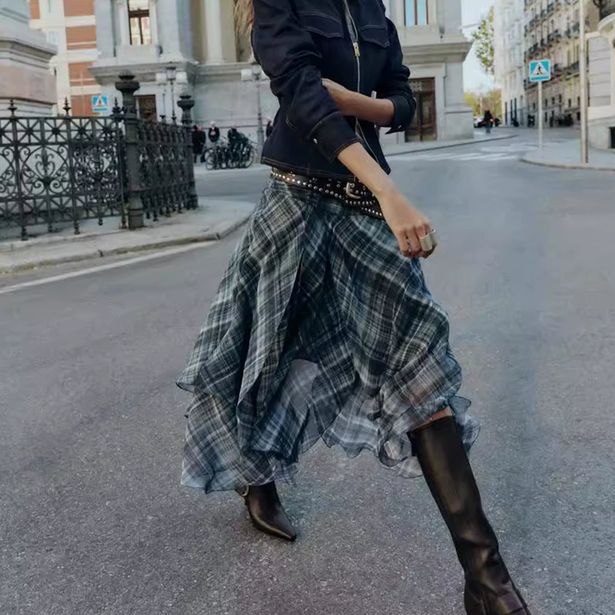 Asymmetric Plaid Midi Skirt