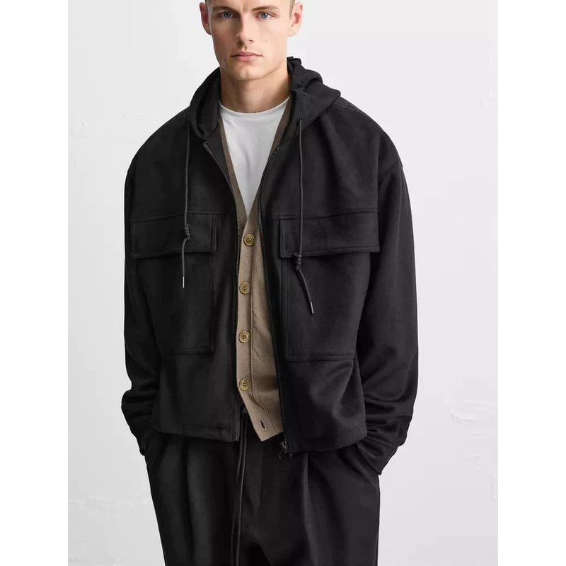 Hooded Suede-Effect Zip Jacket