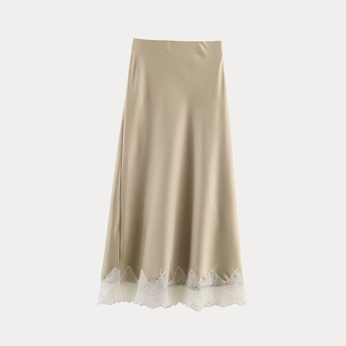 Lace-Trim Satin-Finish Midi Skirt