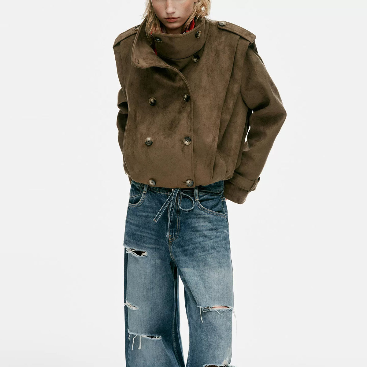 Pleated Stand-Collar Cropped Jacket