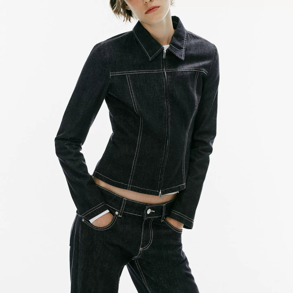 Denim Zip Shirt & Wide-Leg Trousers Set