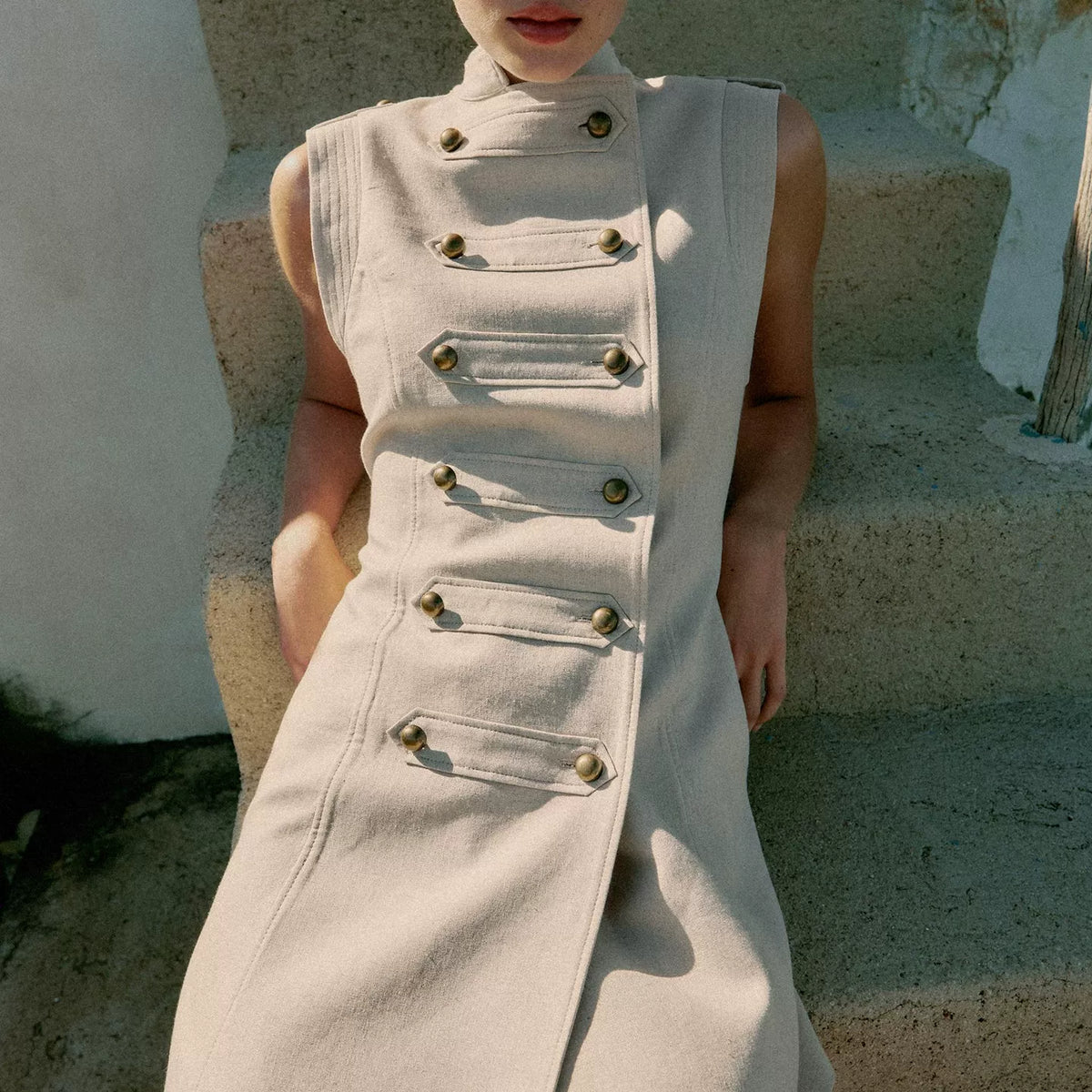 Sleeveless Knot-Button Mini Dress
