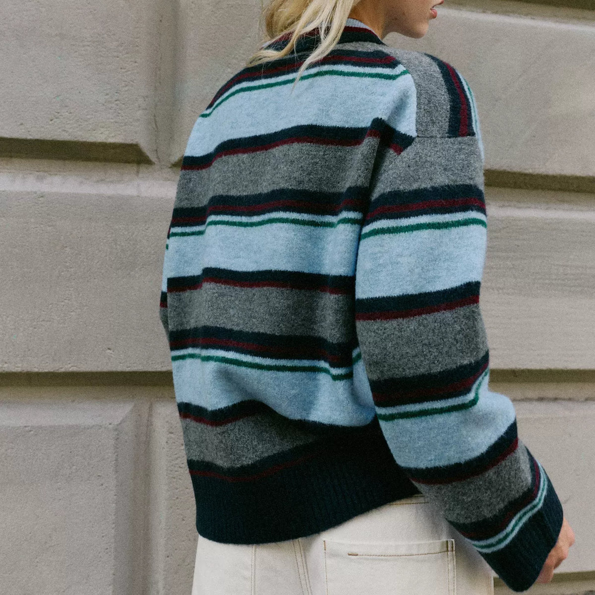 Striped V-Neck Long-Sleeve Polo