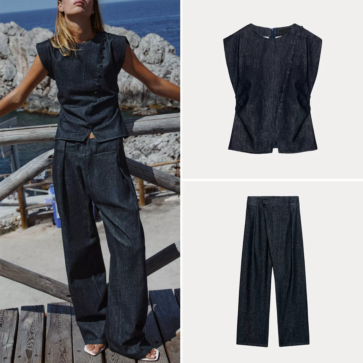 Denim Top and Wide-Leg Trouser Set
