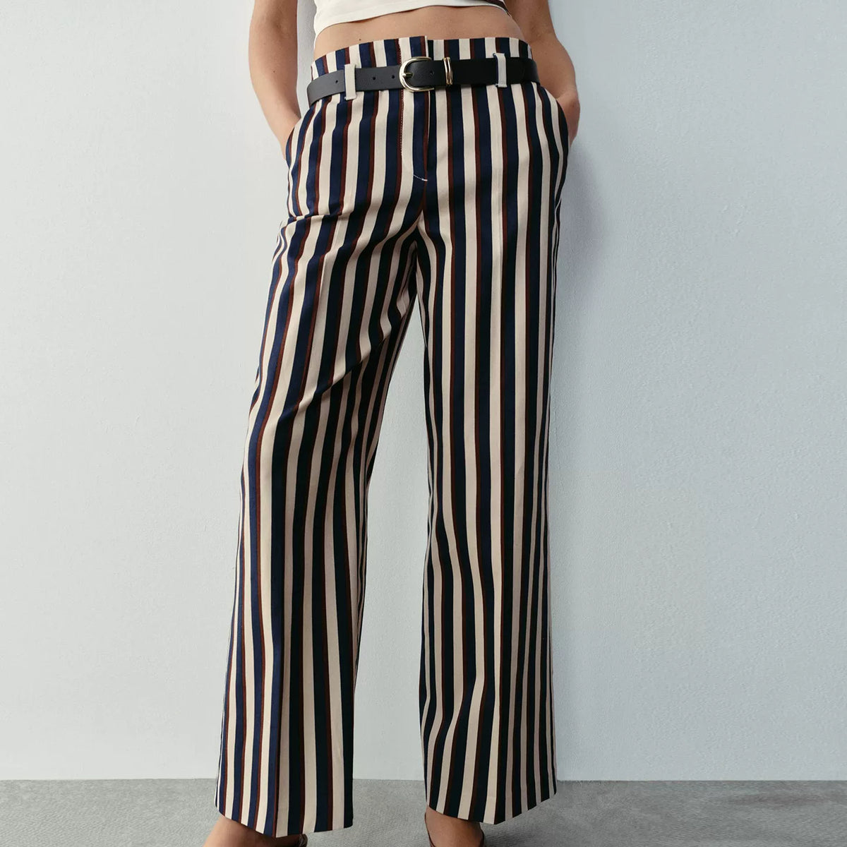 Striped Belted Straight-Leg Trousers