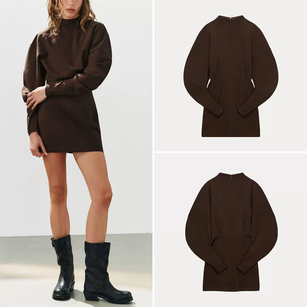 Half-Neck Puff-Sleeve Mini Dress
