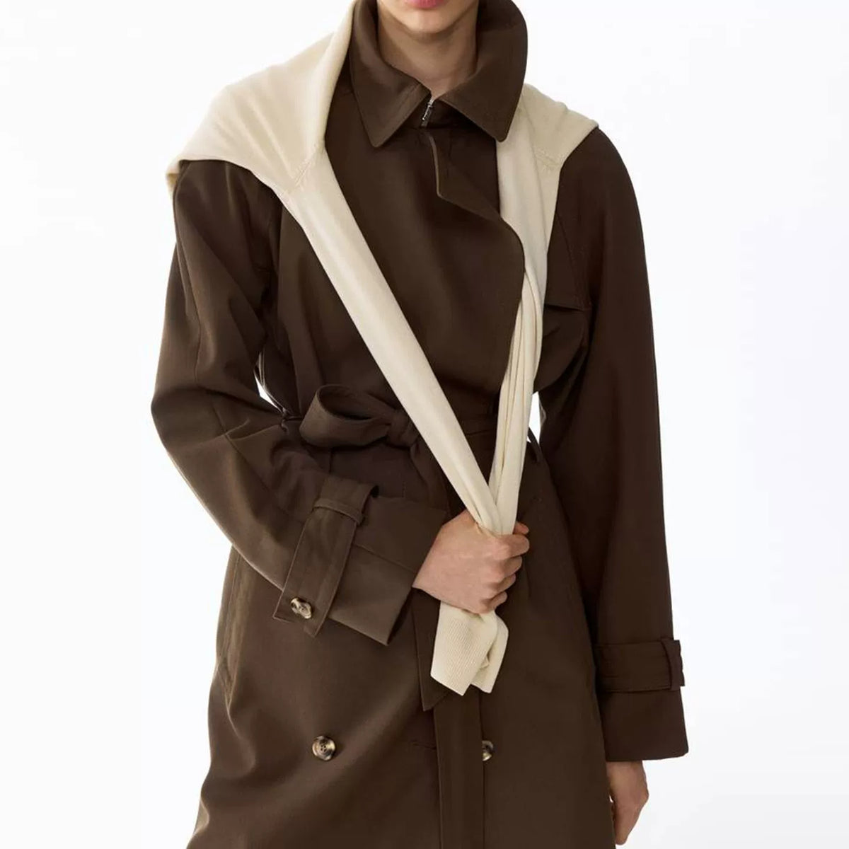 Two-Tone Collared Tie-Waist Trench