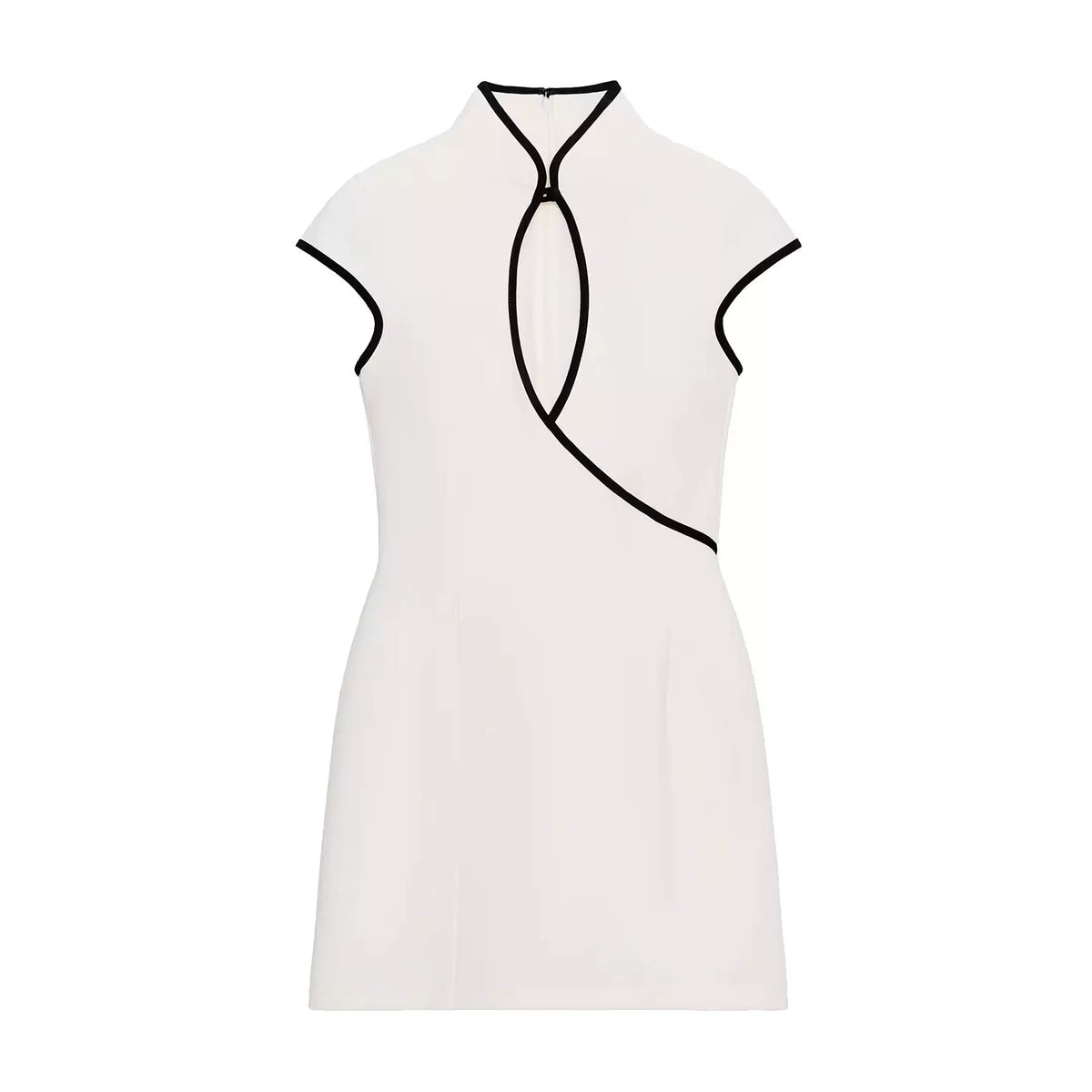 Contrast-Trim Stand-Collar Mini Dress