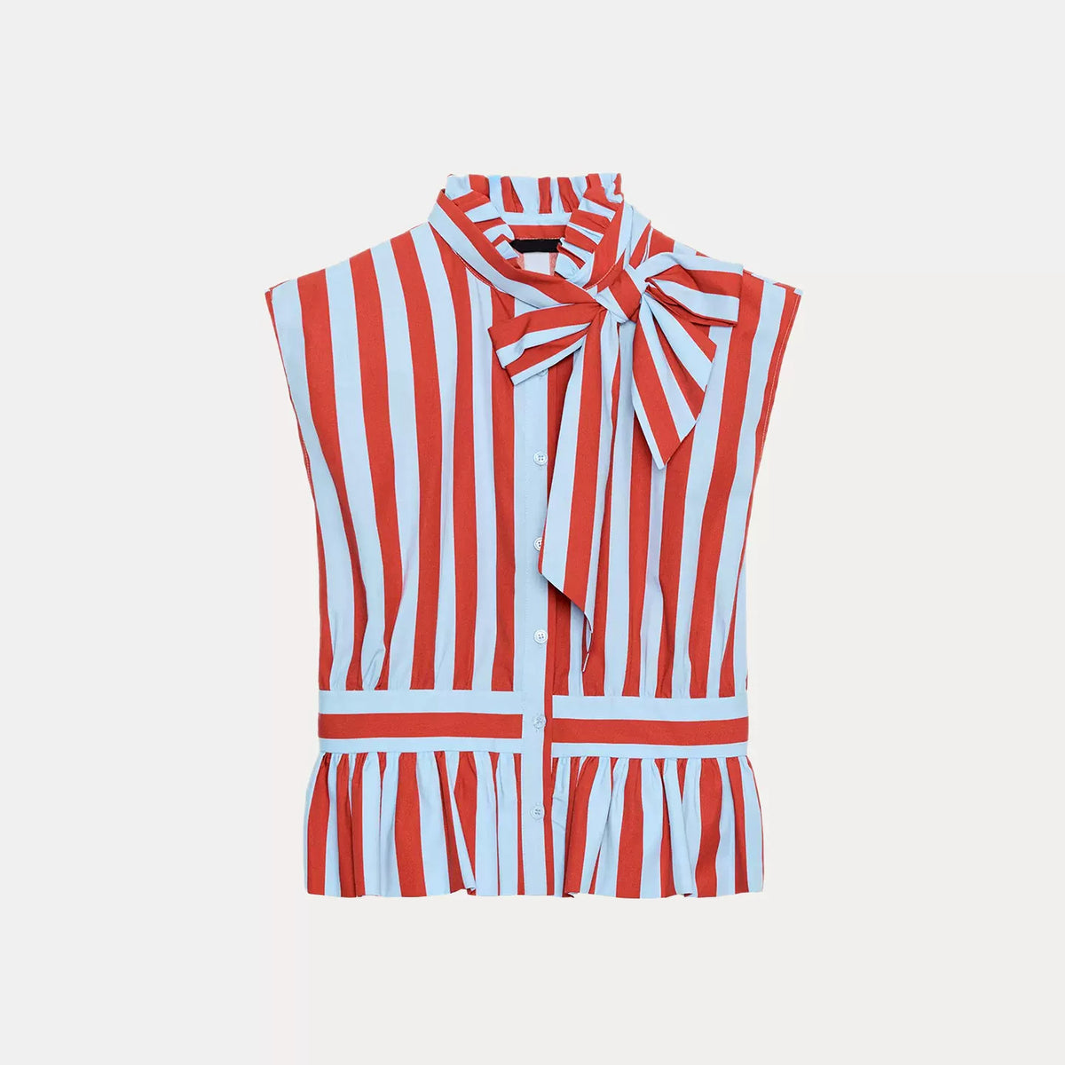 Sleeveless Bow-Trim Striped Shirt