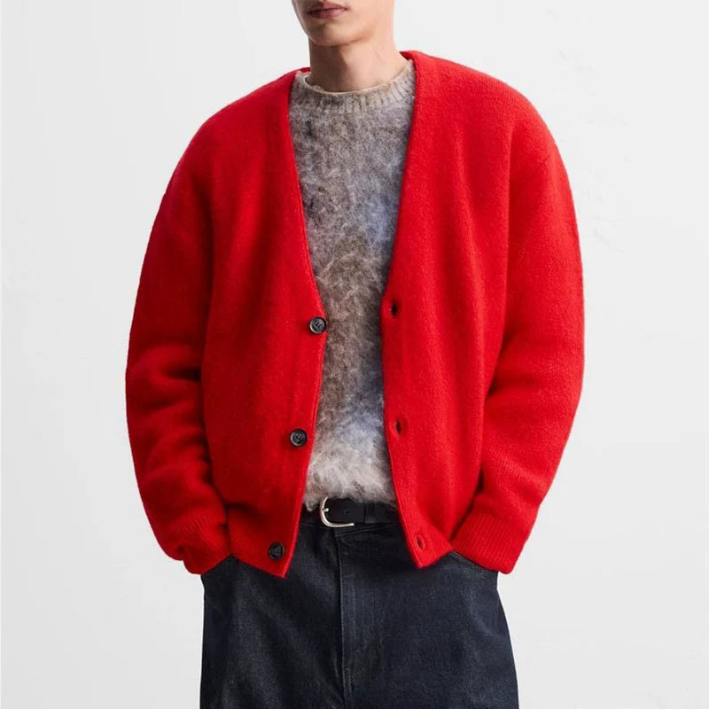 Red V-Neck Knit Cardigan