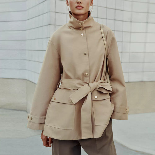 Belted Stand-Collar Trench Coat