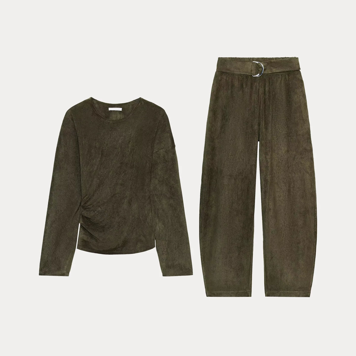 Suede-Effect Ruched Top and Trousers Set