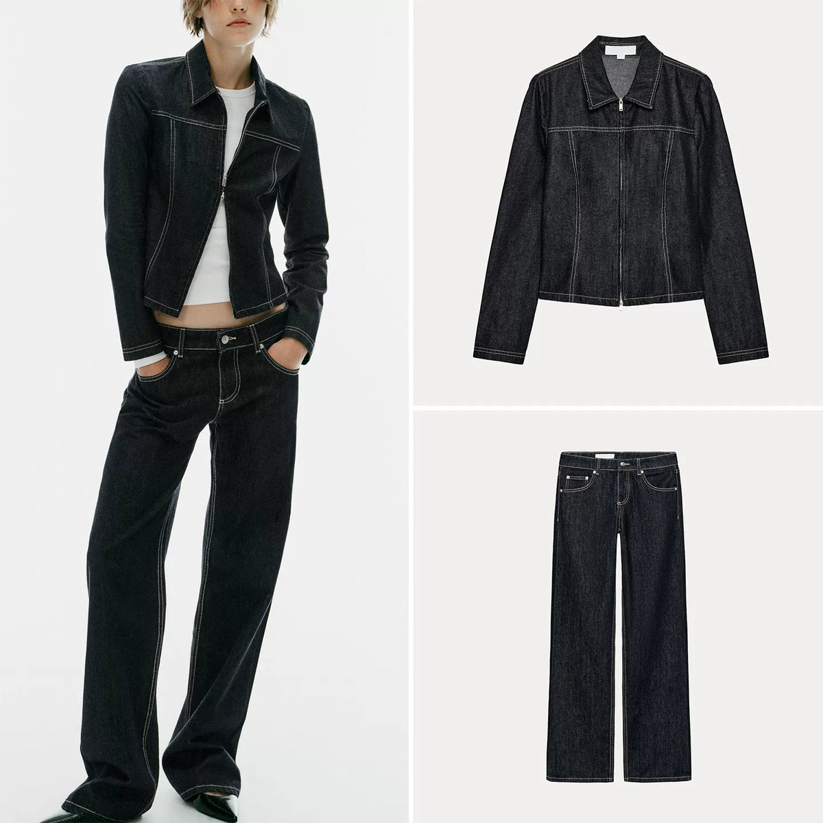 Denim Zip Shirt & Wide-Leg Trousers Set
