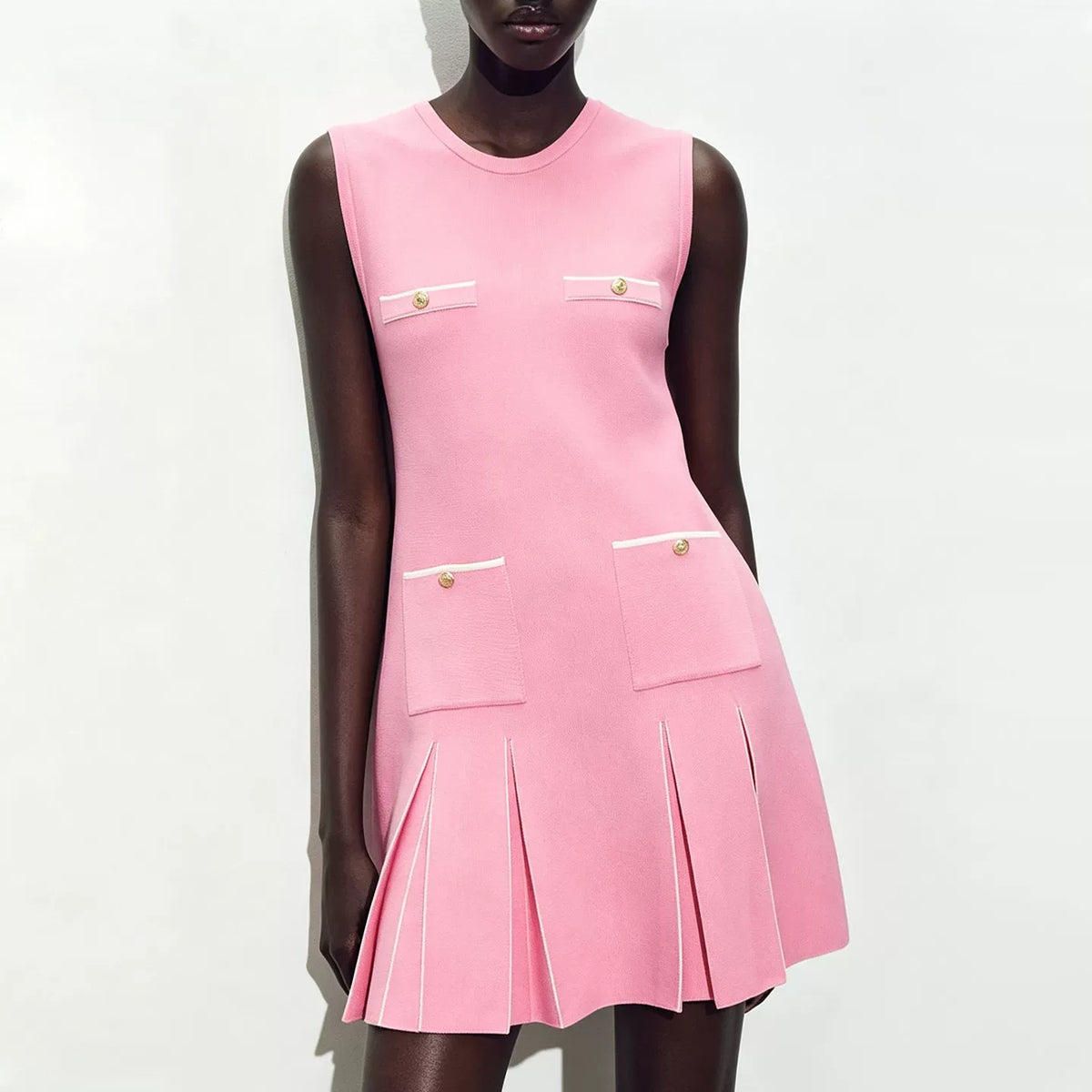 Metal-Button Pleated Knit Dress