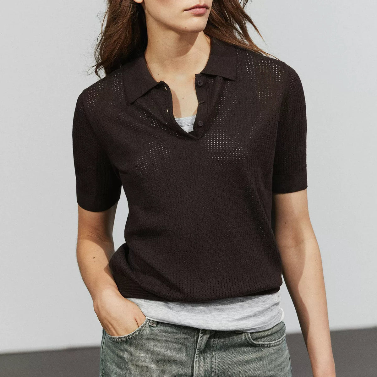 Openwork Polo Collar Short-Sleeve Top