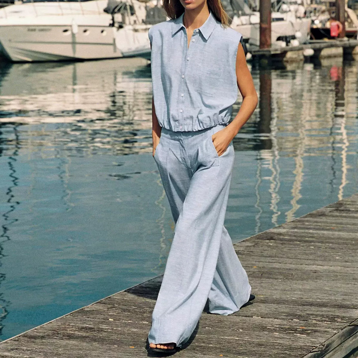 Sleeveless Collared Top and Pleated Trousers Set