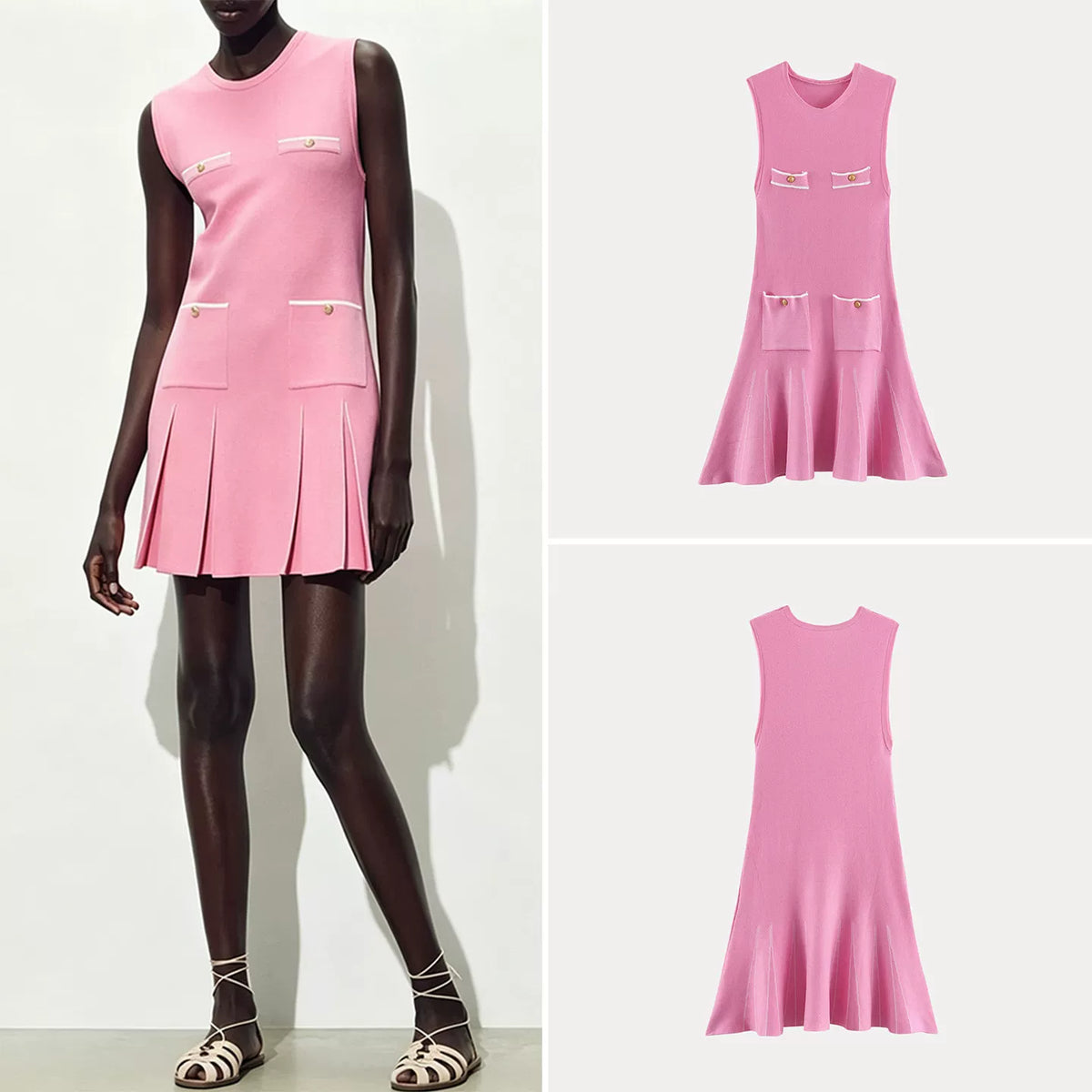 Metal-Button Pleated Knit Dress