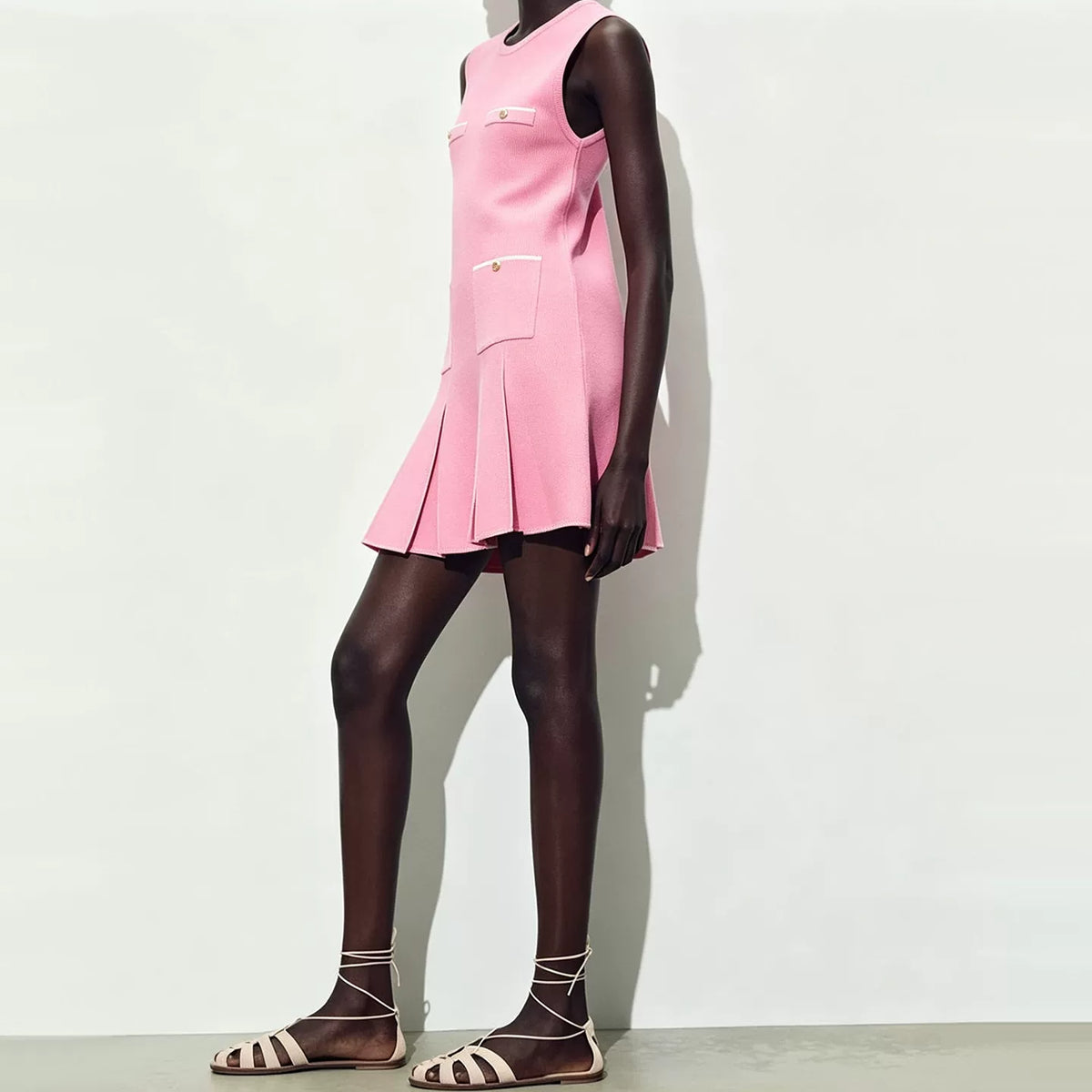 Metal-Button Pleated Knit Dress