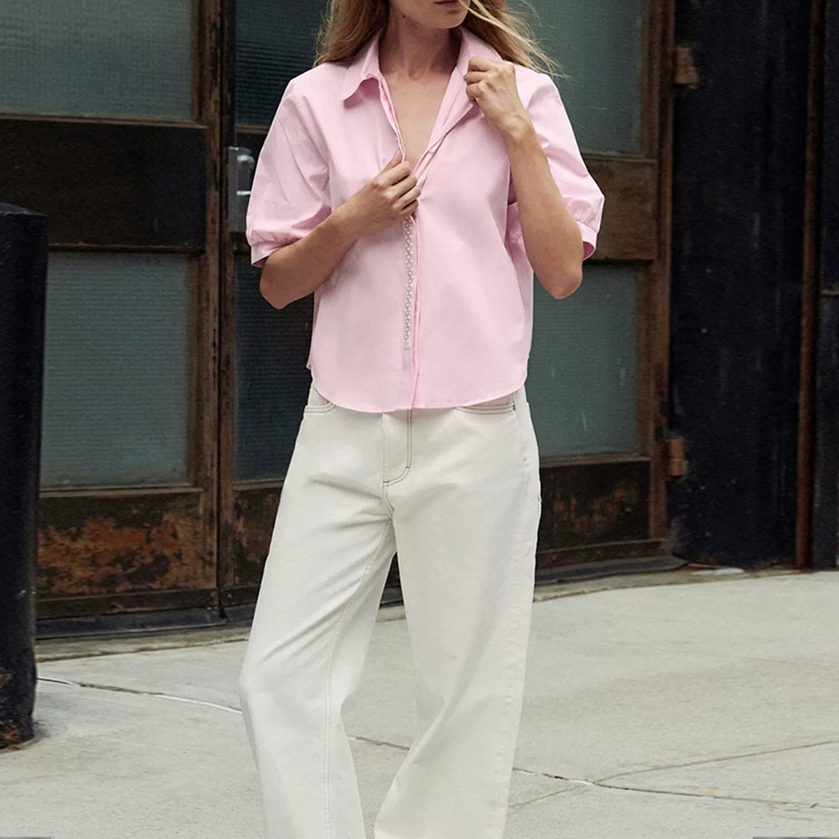 Faux Pearl Collar Short-Sleeve Shirt