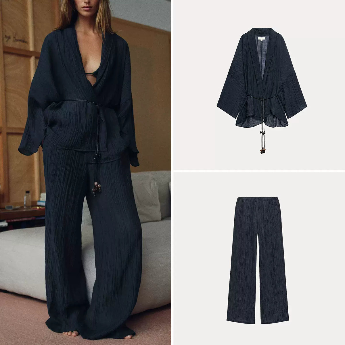 V-Neck Belted Jacket and Wide-Leg Set