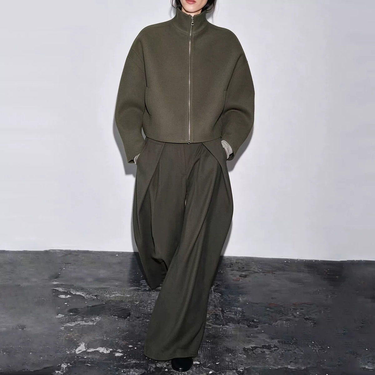 Stand-Collar Zip Knit Jacket