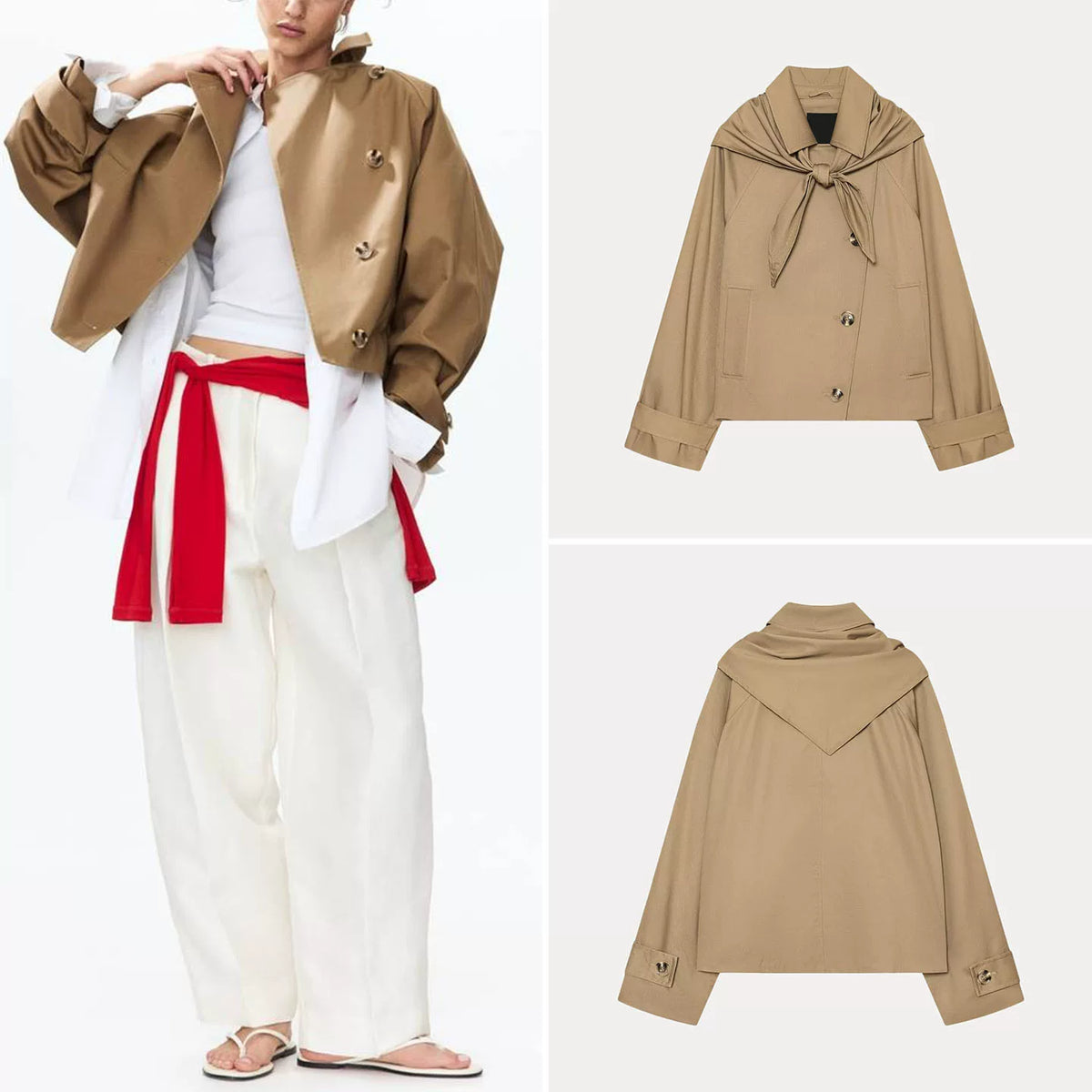 Cropped Trench Jacket with Scarf