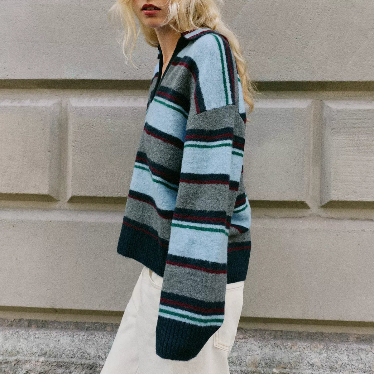 Striped V-Neck Long-Sleeve Polo