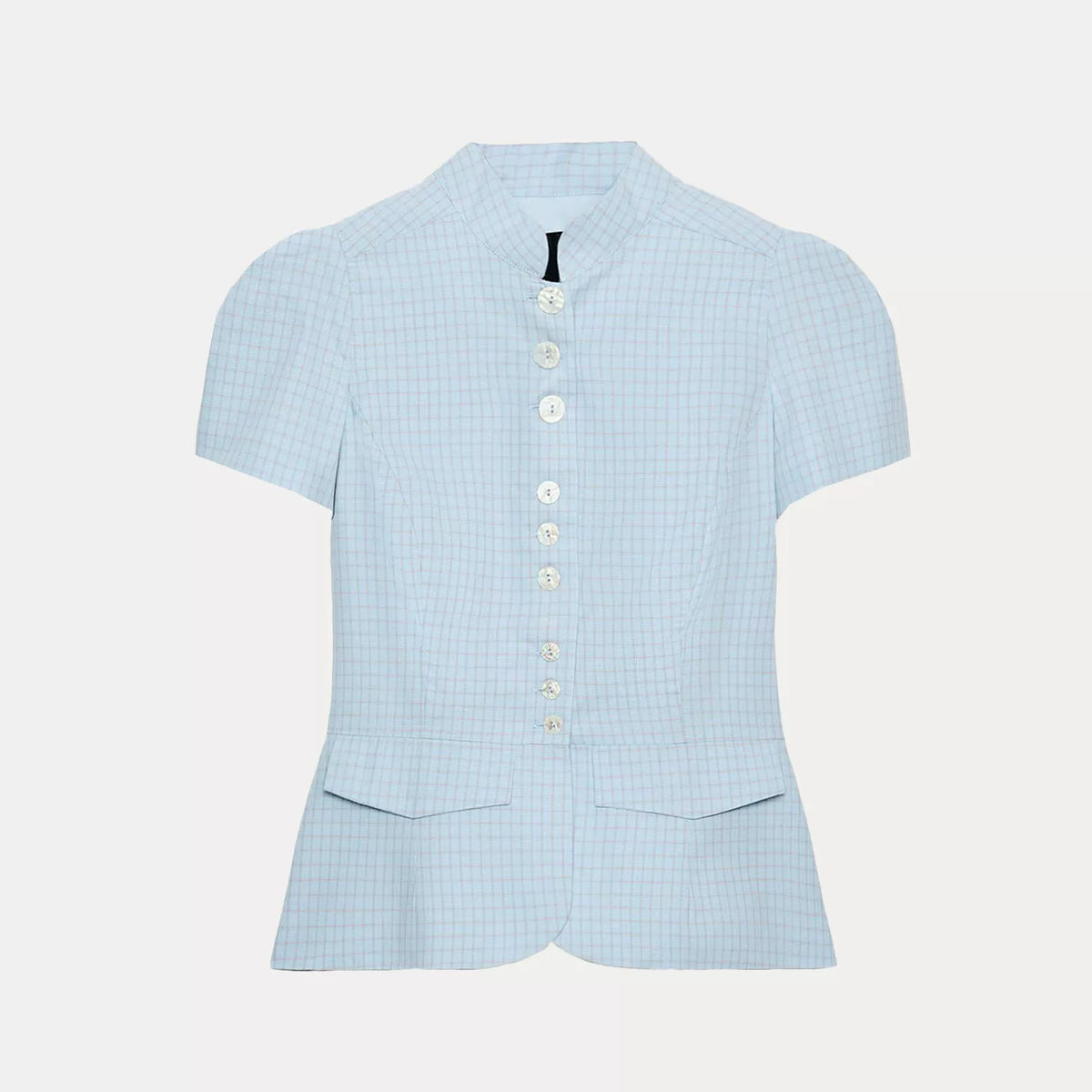 Plaid High-Neck Short-Sleeve Top