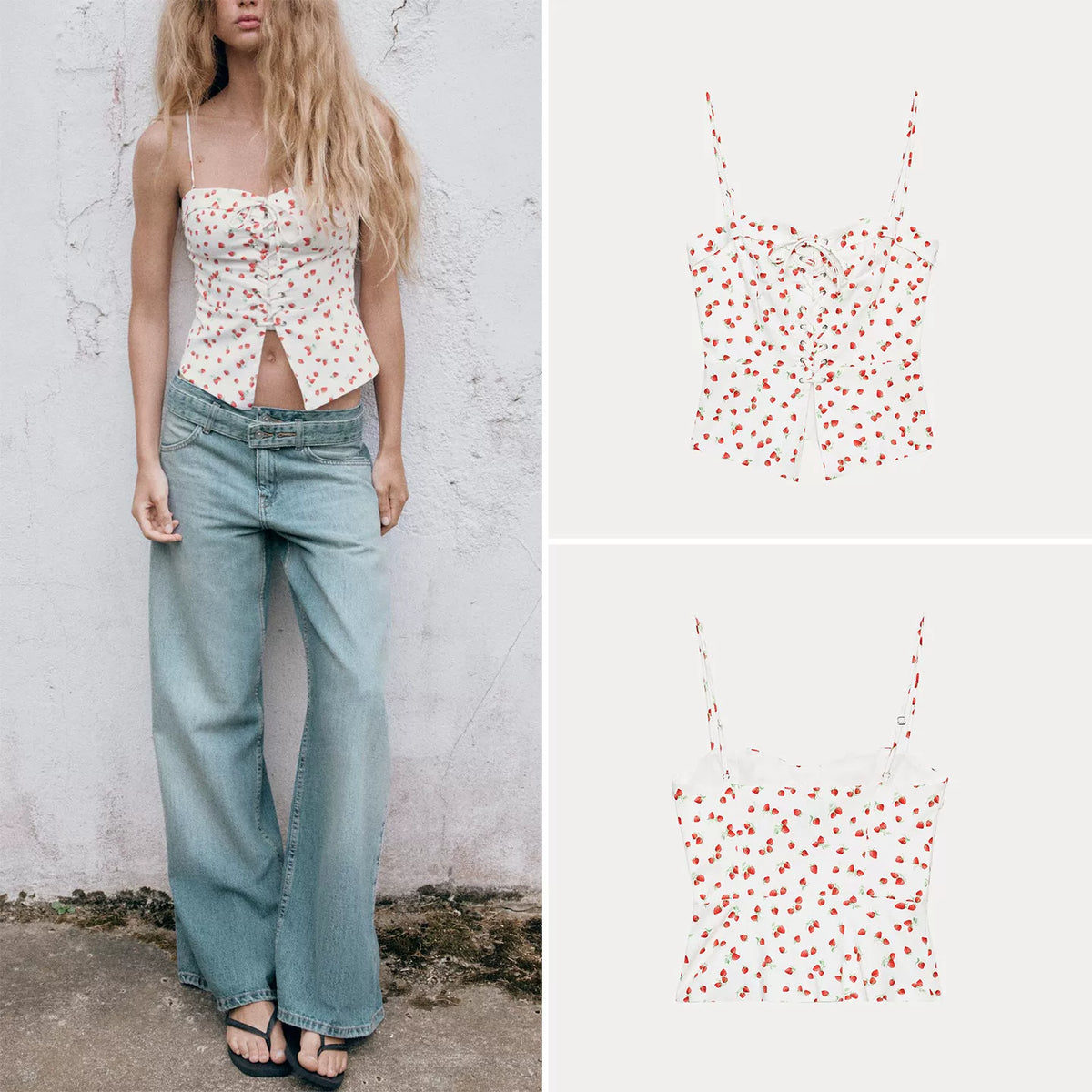 Strawberry Print Heart-Neck Cami