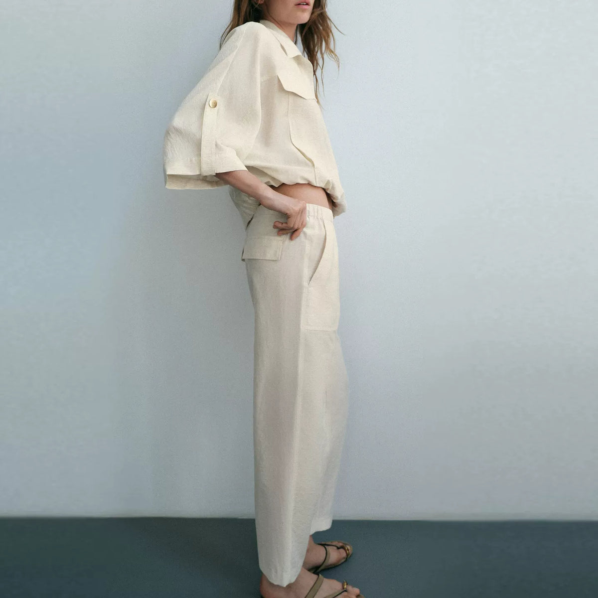 Safari Shirt and Tie-Waist Straight Trousers Set