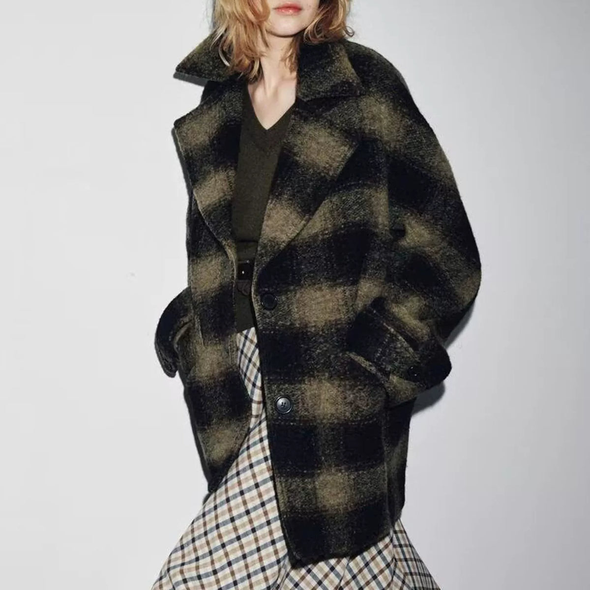Cropped Plaid Lapel Jacket