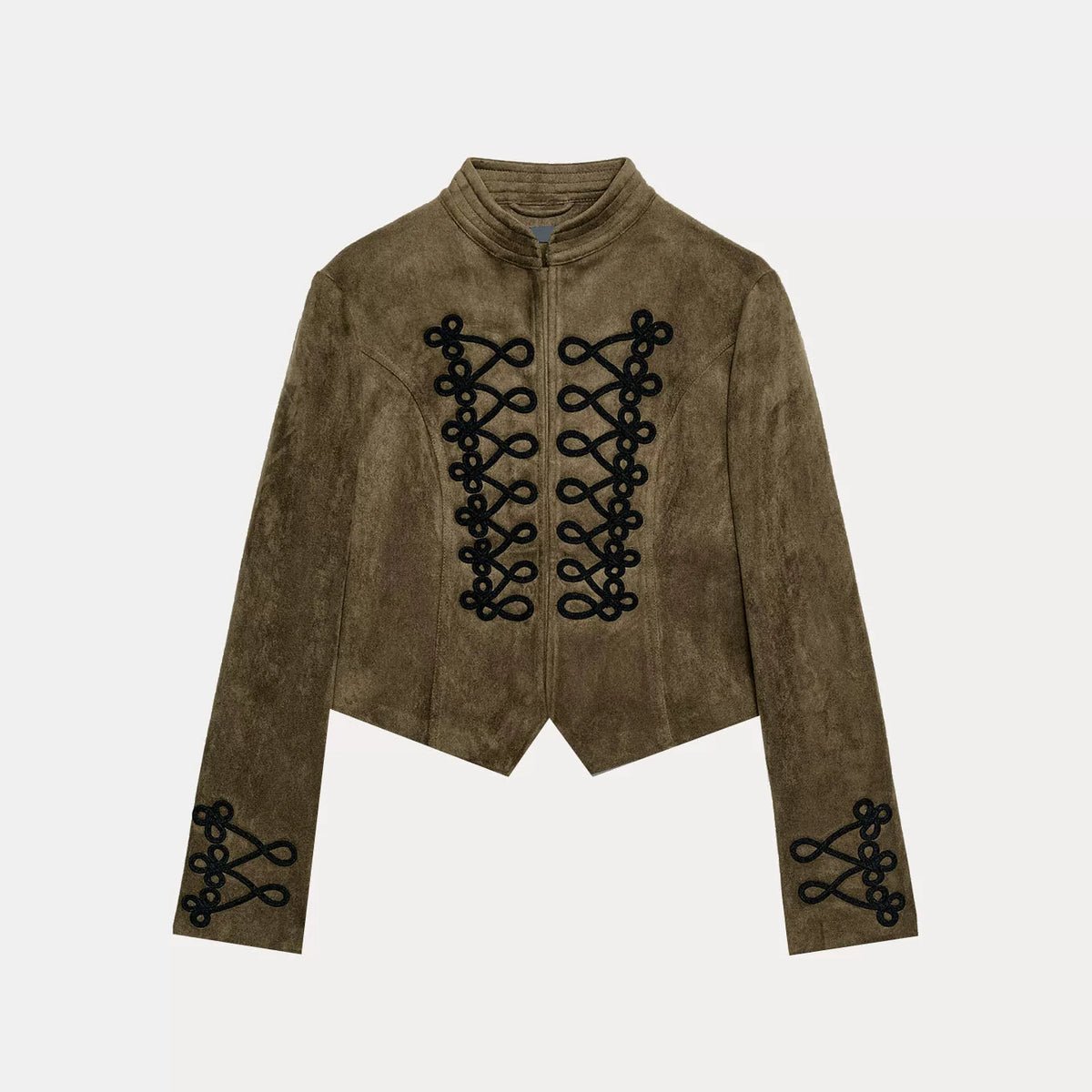 Khaki Knot-Button Stand-Collar Jacket
