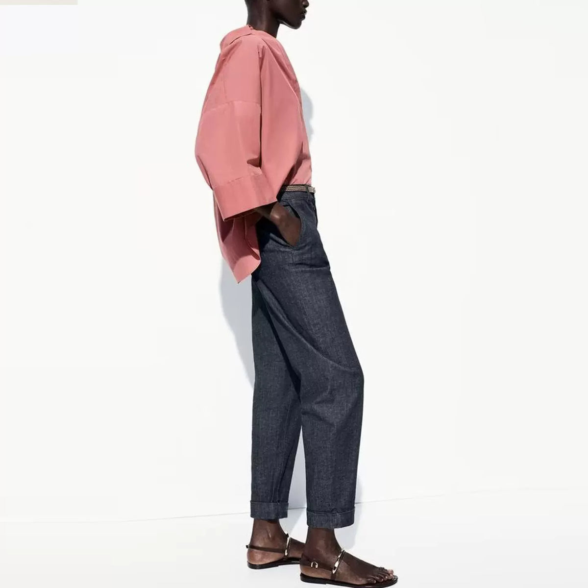 Straight Denim with Woven Belt
