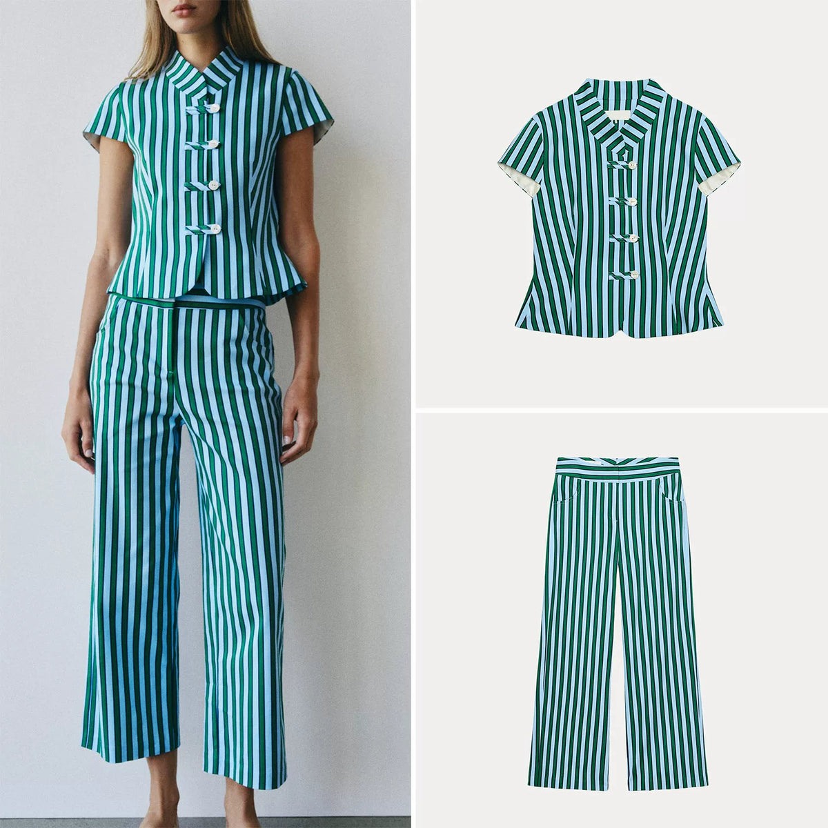 Contrast Stripe Knot-Button Top & Trousers Set