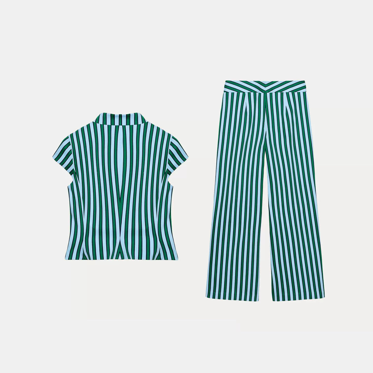 Contrast Stripe Knot-Button Top & Trousers Set