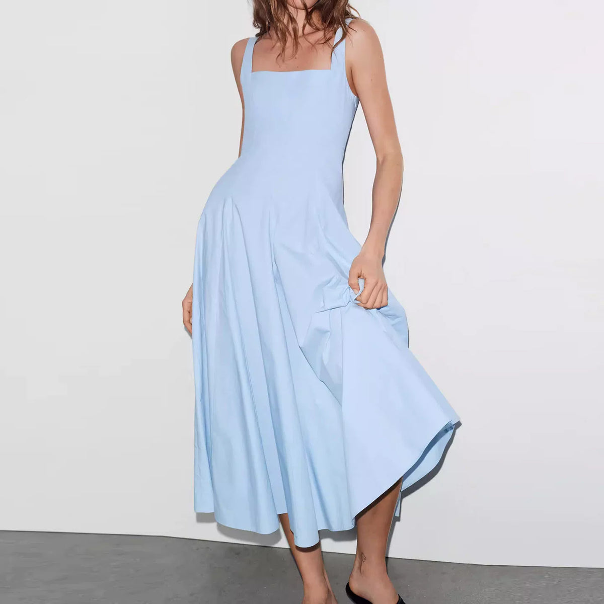 Poplin Square-Neck Flare Dress