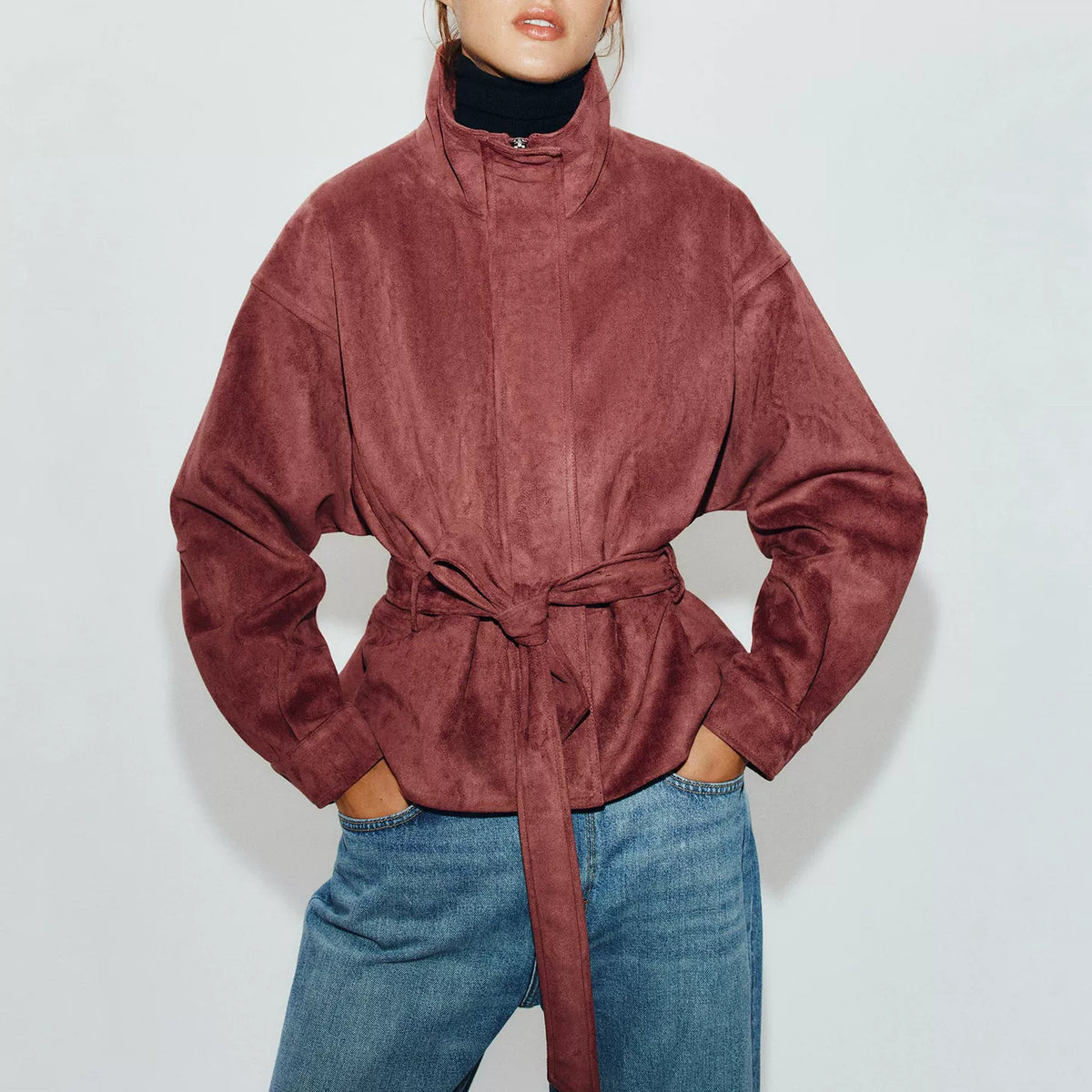 Belted Stand-Collar Jacket in Wine Red