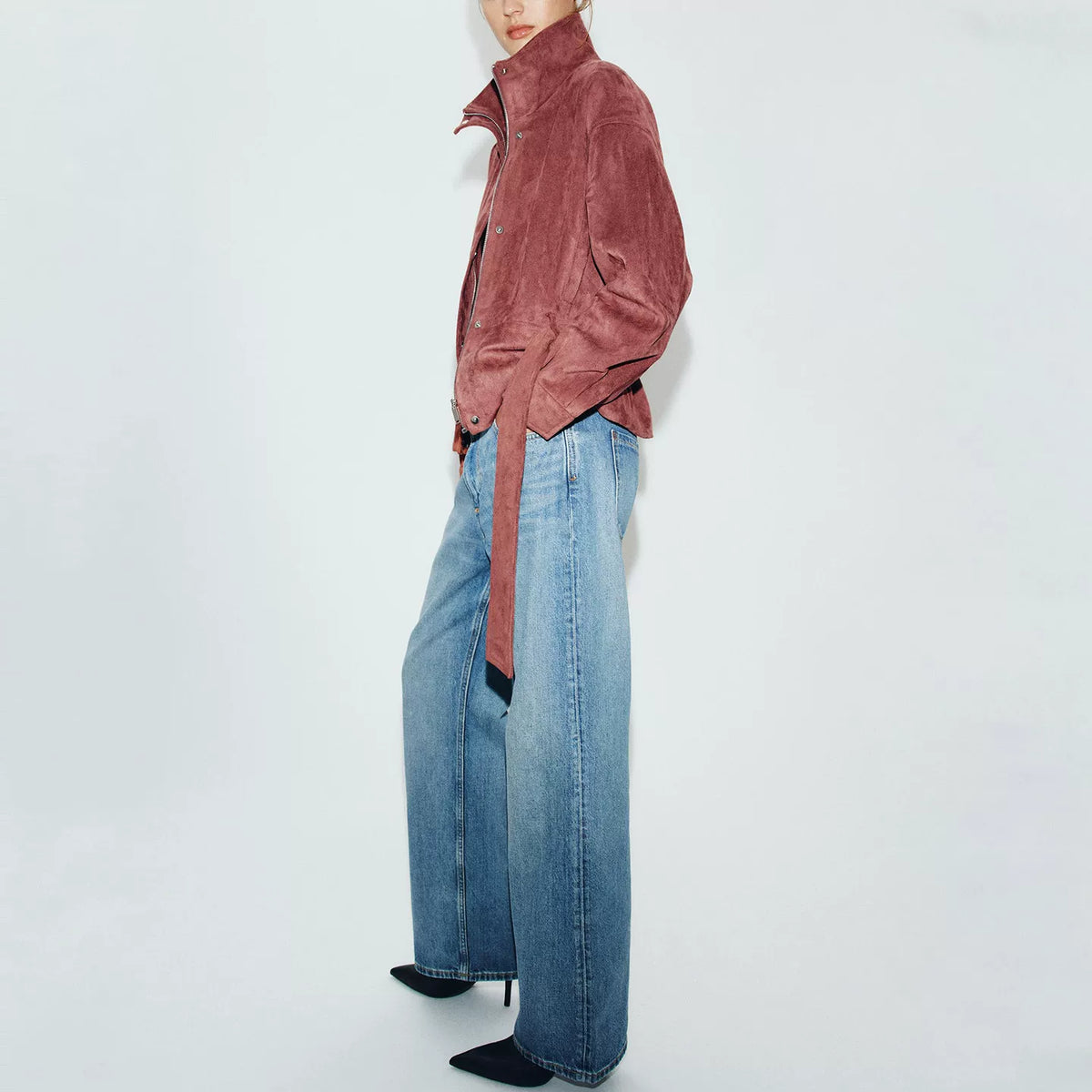 Belted Stand-Collar Jacket in Wine Red