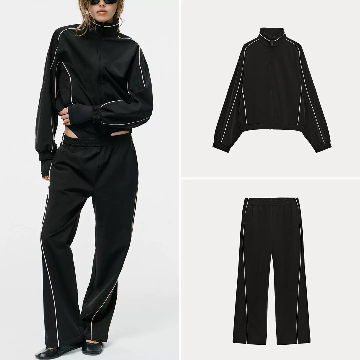 Contrast-Trim Jacket and Straight Trousers Set