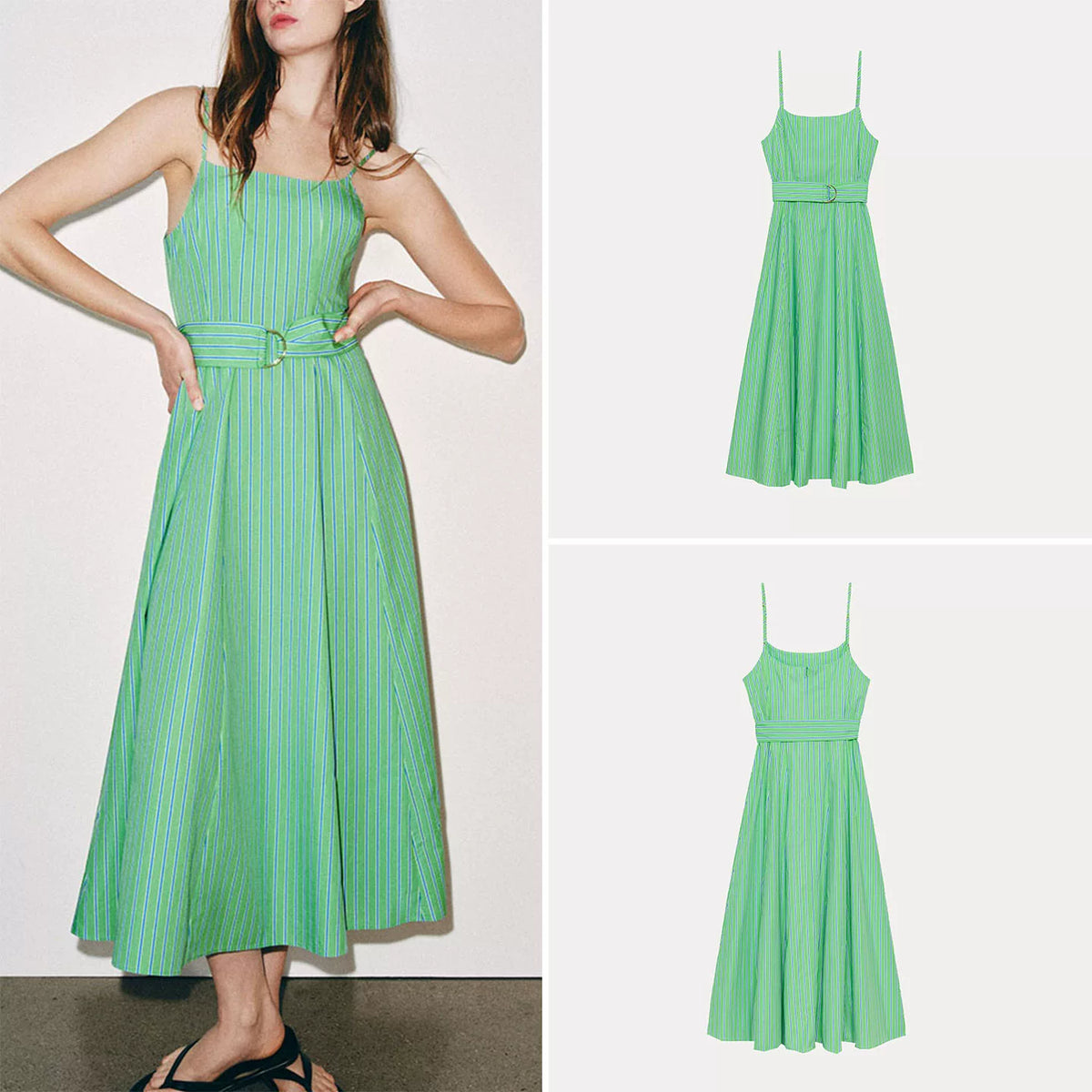 Striped Belted Midi Slip Dress
